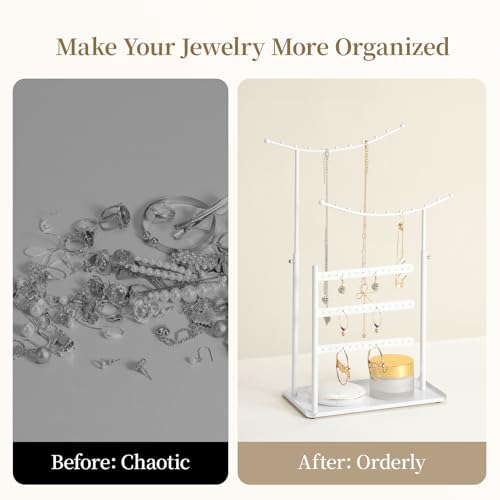 LAMU Jewelry Organizer, 5 Tier Jewelry Stand Display with Anti Entanglement Necklace Holder Tree, Height Adjustable Stroage for Earrings Rings Studs Bracelet, Valentines Day Gifts for Women, White - color: White