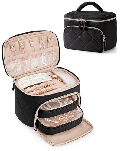 Jewelry Travel Case with 2 Clear Pouches, 2-Layer Jewelry Organizer Storage Bag for Necklaces, Earrings, Rings, Bracelets, Black(Empty Bag) - color: Black