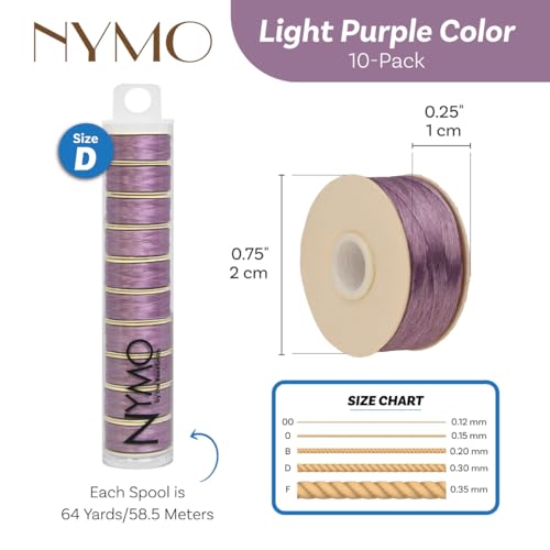 The Beadsmith Nymo Thread – 10-Pack Light Purple Color – Size D, .30mm Diameter, 64 Yard/58.5 Meter Spool – Made of Nylon – Bead Embroidery & Weaving, Off Loom & Loom Work and DIY Craft Projects - size: Size D, 64 Yards, style: Light Purple