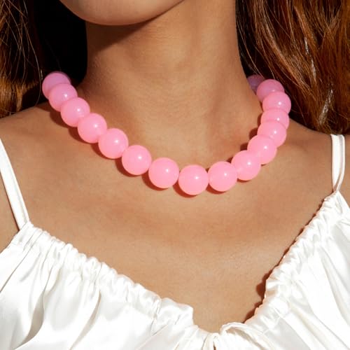 Chunky Acrylic Resin Beaded Necklace for Women Colorful Large Round Choker Adjustable Stack Acrylic Beads Necklace Resin Summer Party Jewelry - style: Pink
