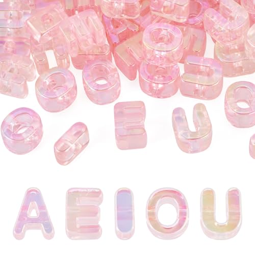 50Pcs Acrylic Vowel Letter Beads Chunky Large Alphabet Bead Translucent Iridescent Initial Beads for Keychains Paracord Necklace Jewelry Making Bag Charm (Pink) - color: Translucent Pink