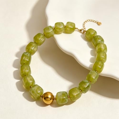Chunky Acrylic Resin Beaded Necklace for Women Colorful Large Round Choker Adjustable Stack Acrylic Beads Necklace Resin Summer Party Jewelry - style: Olive Green
