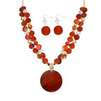 Layered Beads Statement Fashion Necklace Chunky Jewelry Set Big Colorful Glass Stone Circle Shell Pendant Choker Necklace and Earring Set for Women - color: burnt orange