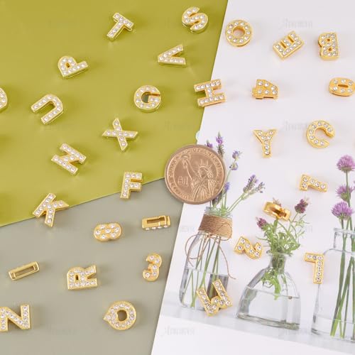 AUEAR, 36 Pack Gold 8mm Full Rhinestone Slide Alloy Letter Charm Crystal A-Z Alphabet with 0-9 Numbers for Bracelets Wristbands DIY Jewelry Making - color: Gold, size: 36 Pack