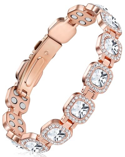 Feraco Pure Copper Bracelets for Women, 4X Ultra Strength Magnetic Bracelet with 3800 Gauss Neodymium Magnets & Dazzling Austrian Cut Crystals Stone, Adjustable Jewelry Gift - style: Radiant Square Shine - Rose Gold