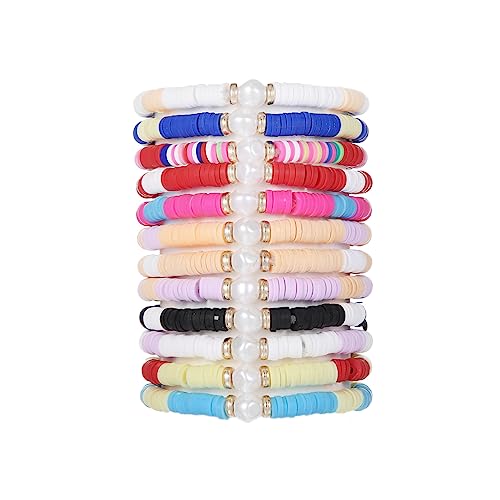 COLORFUL BLING 5-12Pcs Bohemian Love Heart Bead Bracelets for Women Vinyl Disc Heishi Surfer Stackable Stretch Bracelet Summer Beach Boho Jewelry - color: 12pcs pearl