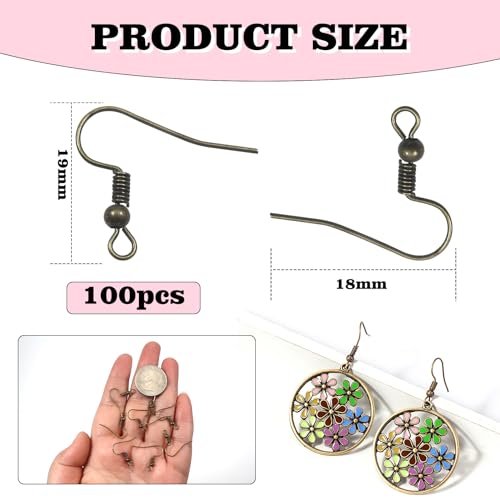 TOAOB 100pcs Earring Hooks Hypo Allergenic French Ear Wires with Ball and Coil 18mm Antique Bronze Fish Hook Earrings Making Supplies Jewelry Findings - color: Antique bronze
