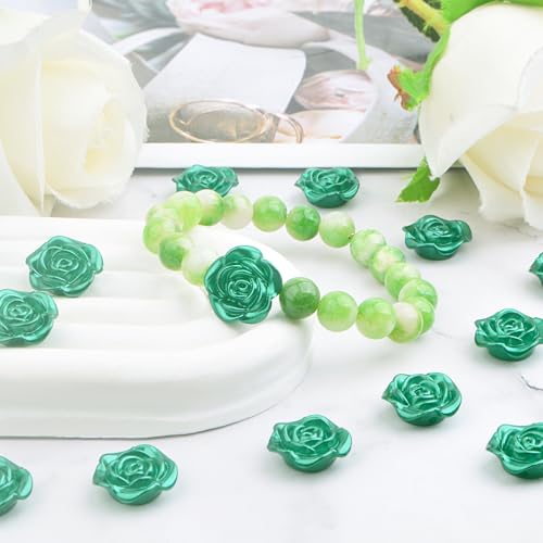 100pcs 15 mm Lovely Rose Flower Beads Green ABS Plastic Roseflower Shape Spacer Beads Floral Flatback Charms Embellishments for DIY Necklace Earrings Jewelry Making Craft Supplies - color: Green