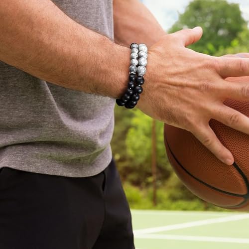 RANKEEF Tiger Eye Bracelet For Men 8MM Natural Stone Stretch Adjustable Black Crystal Beaded Bracelet for Men Women Gifts - color: 2,gray,black