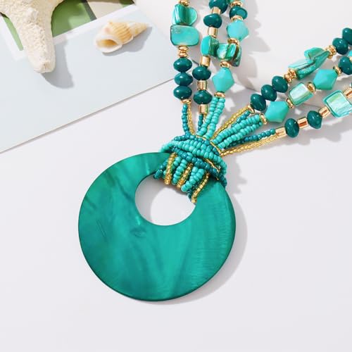 Coiris Shell Pendant Statement Strand Necklace for Women Boho Multi Beads Natural Stone Colorful Necklace Bohemian Handmade Chunky Shell Beaded Collar Jewelry for Women - color: Dark Green