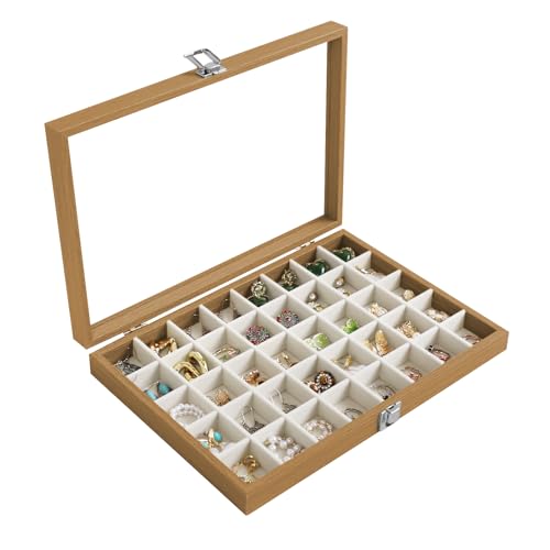 Stratalife Jewelry Organizer 40 Grid Jewelry Trays with Clear Lid Wood Earring Organizer Ring Holder Accessories Box Necklaces Earrings Storage for Women Drawers Vintage Style Beige - color: Beige, size: 40