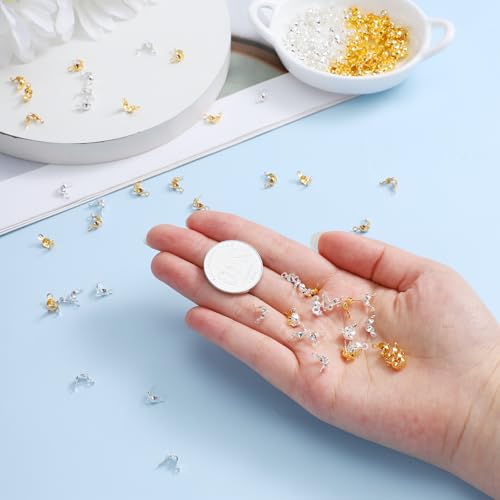 600 Pcs Metal Open Bead Tips Knot Covers, Crimp Covers, Crimping Beads End Caps, Bulk Clamshell Bead Tips for DIY Bracelet, Jewelry Making (Silver, Gold)