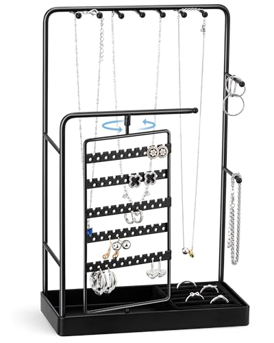 ProCase Jewelry Stand Holder Organizer, Jewelry Display Storage with Ring Tray, Rotating Earring Bracelet Necklace Holder, Valentine's Gifts Room Dorm Decor for Teen Girls -Black (No-Assembly) - color: Black