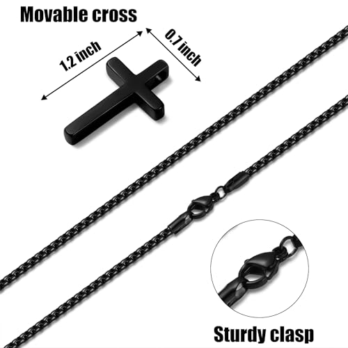 Fiusem Cross Necklace for Men, Silver/Gold/Black Mens Cross Necklaces with 2.5mm Cross Chain and Stainless Steel Cross Pendant, Box Chain 16-24 Inch, Jewelry Gift - size: 24.0 Inches, style: Small Black cross: 1.2" * 0.7"