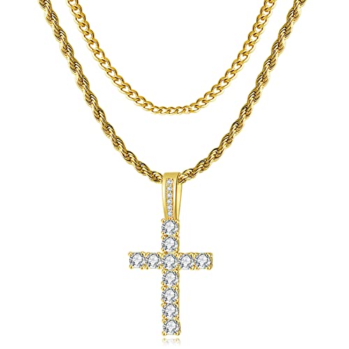 GEMOSA Cross Chain for Men 14K Gold Silver Plated Solid Iced Out 5A+ Cubic Zirconia Stainless Steel Cuban Link rope Layered Chains 16-24 Inch Large Cross Diamond Pendant Nceklace Jewelry Gifts - color: Yellow Gold, size: 16/18 inch