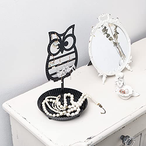 NIKKY HOME Earring Holder Hanging Organizer Stand Metal Jewelry Tree Table Top Owl Ear Stud Holder Tower Rack with Ring Tray for Girls (134 Holes), Black - color: Black