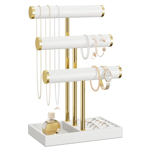 bussdis 3 Tier Bracelet Holder Display - White Leather Bracelet Holder, Detachable T Bar Jewelry Holder Organizer for Bracelet, Necklace, Earrings, Rings, Watches, Bangle - color: White
