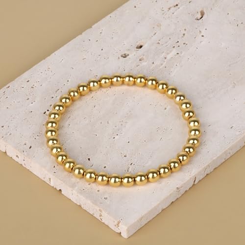 QOGIR 14k gold Handmade Healing Bracelet, Natural Gem Stone Crystal Elastic Gold Bracelet - color: 14k Gold Plated Beads, size: 6m
