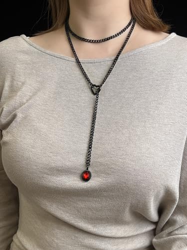 Heart Slip Chain Necklace for Women, 39 Inch Cuban Chain, Removable Heart O-Ring, Crystal Pendant, Adjustable Stainless Steel Y-Necklace - color: Black-Red