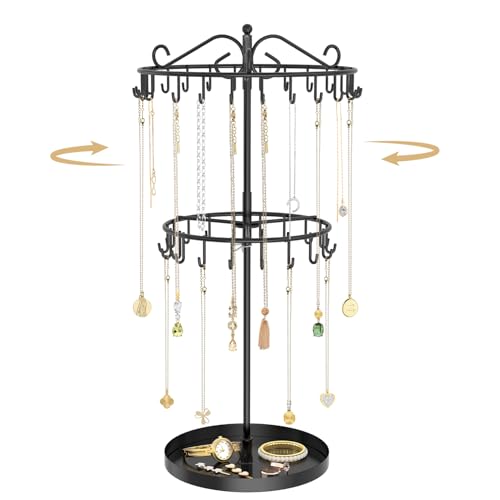 MODOWEY Rotating Necklace Holder Organizer Display Stand with 42 Hooks, 2 Tier Adjustable Metal Necklace Tree Rack with Jewelry Tray for Men Women, Tall Bracelet Storage Hanger for Selling, Black - color: Jet Black, size: 2 Tier