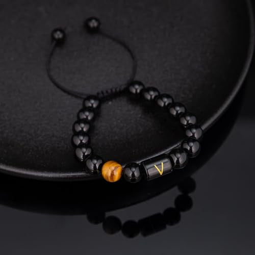 FRG Initials Bracelets for Men Letter Link Handmade Natural Black Onyx Tiger Eye Stone Beads Braided Rope Meaningful Bracelet - style: Braided rope-I