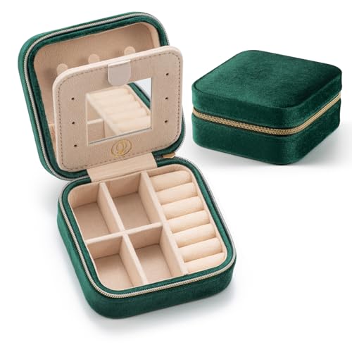 Plush Velvet Jewelry Travel Case,Small Jewelry Box,Traveling Jewelry Organizer,Portable Jewellery Storage Holder for Rings Earrings Necklace Bracelet, for Girls Women | Green-Mirror - color: V1 - Emerald Green