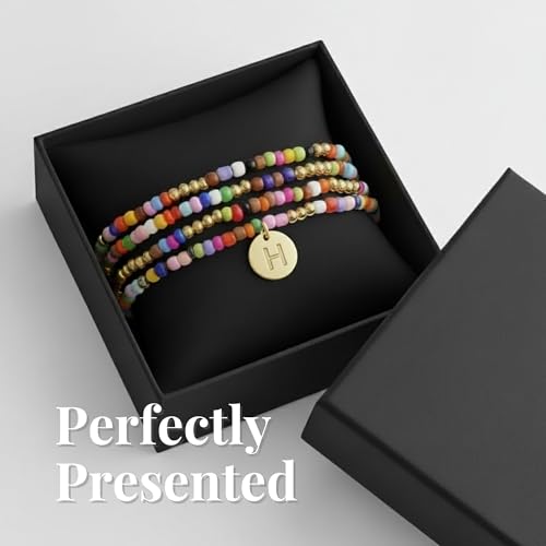 Set of 4 Colorful Bead Initial Bracelets, Personalized Stackable Jewelry, Adjustable Stretchy Charm Bracelets for Women, Beaded Bracelet Set, Trendy Custom Jewelry Gift - style: Colorful Bead - H