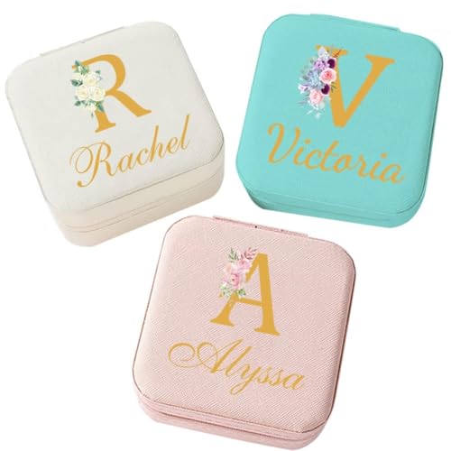 Corissy Personalized Jewelry Box for Women, Custom Travel Jewelry Case with Name and Birth Flower, Leather Jewelry Box for Rings, Earrings, Necklaces, Personalized Gifts for Women - color: Name+Initial+Floral 2