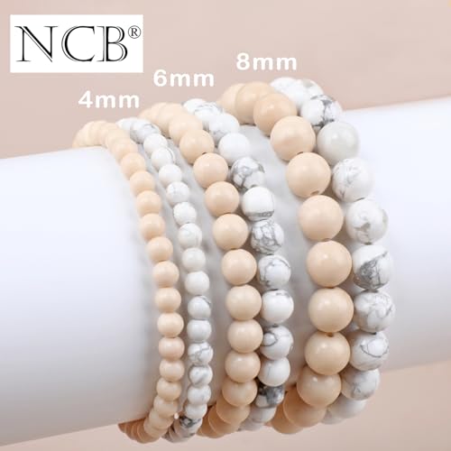 NCB 2.3-Piece 4mm Natural Crystal Gemstone Stretch Bracelets – Handmade Reiki Energy Healing Jewelry for Meditation,Yoga, Unisex - color: 2PCS ( Howlite+White Fossil Jasper ), size: 6mm