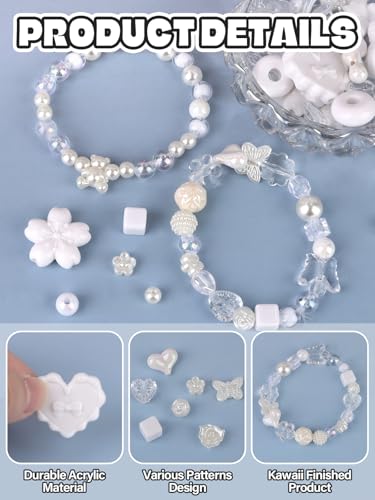 Acrylic Pastel Beads for Jewelry Making, Kalolary Colorful Bow Butterfly Flower Kawaii Plastic Candy Heart Cute Macaroon Aesthetic Beads for Bracelet Necklace DIY Supplies (White) - color: White