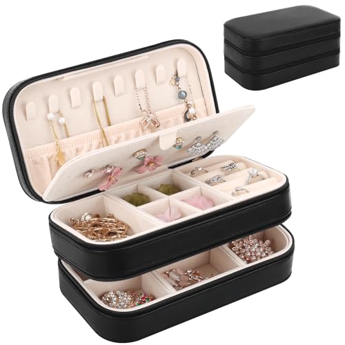 DesignSter Small Travel Jewelry Box with Double Zipper, 2 Layers PU Portable Jewelry Case for Women and Girls,Travel Jewelry Organizer for Rings, Earrings, Necklaces, Bracelets,Black - color: Black
