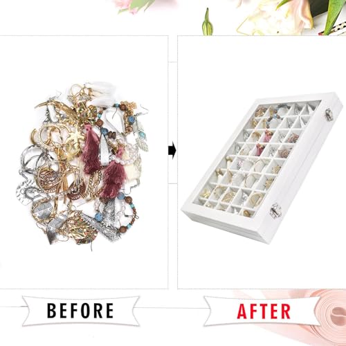 Siveit Jewelry Tray Organizer Box 48 Grid Jewelry Display Organizer Box with Transparent Lid Rings Earrings Necklaces Pendants Display Box Suitable for Women and Girls (48 Grid, White) - color: White