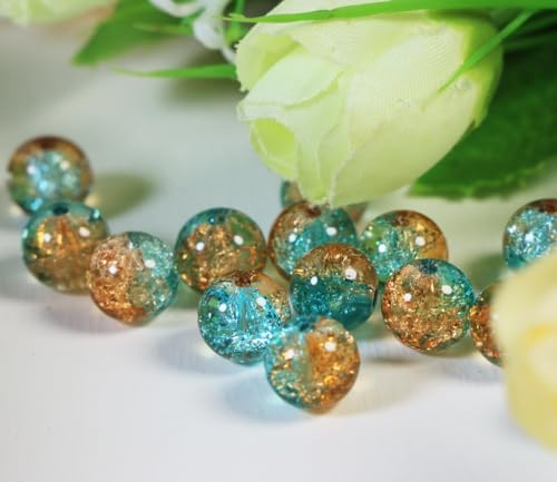 100Pcs 10mm Crackle Glass Beads for Jewelry Making - Round Spacer Crystal Beads Bulk, DIY Craft Supplies for Necklace Bracelet Earrings (Brown Blue) - color: Brown Blue