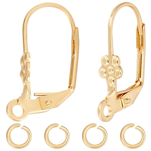 Beebeecraft 20Pcs Leverback Earring Findings 18K Gold Plated Brass French Hooks Flower Pattern Dangle Ear Wire with Jump Ring for Jewelry Making - color: Gold