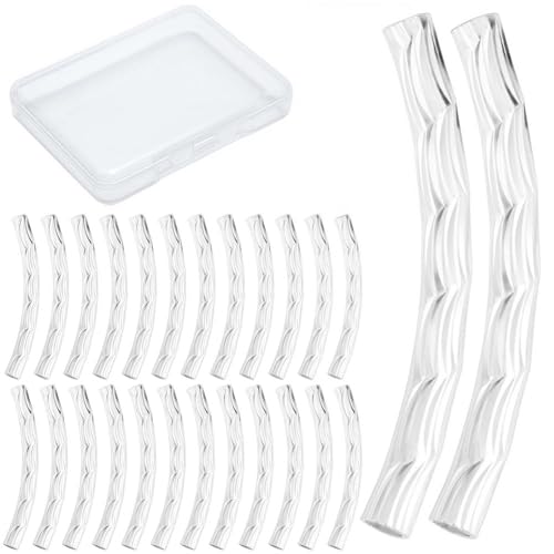 CREATCABIN 40 Pcs Curved Tube Beads Sleek Noodle Beads Long Large 925 Sterling Silver Plated Brass Hole Spacer Connectors Bulk Tube Twist for DIY Jewelry Making Necklaces Findings 20mm - color: 01-silvery