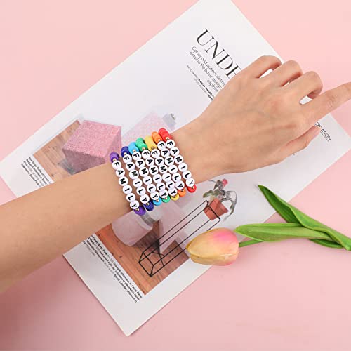 Rainbow Heishi Surfer Bracelets Set for Women Stackable Clay Beaded Bracelets Disc Stretch Preppy Bracelets Layering Colorful Friendship Bracelets Team Cheer Bulk Boho Summer Beach Jewelry Gift - style: FAMILY