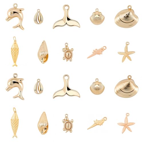 SUNNYCLUE 1 Box 10 Styles Real 18K Gold Plated Ocean Theme Charms Sea Animal Charms Shell Starfish Dolphin Fish Tortoise Dangles Bulk for DIY Earring Necklace Bracelet Jewelry Making - color: 18k Gold Plated 20pcs Charms