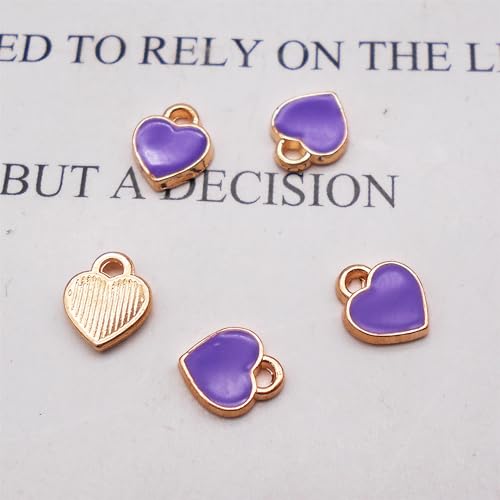 200 pcs Tiny Heart Enamel Charm Gold Plated Alloy Love Pendant Bracelet Earring Keychain Jewelry Crafts 6x8mm - color: Purple
