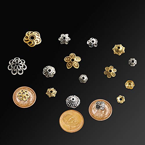 FEBSNOW About 160Pcs Spacer Beads Caps, Bali Style Mixed Tibetan Silver and Antique Gold Flower Bead Caps for Bracelet Necklace Earrings Jewelry Making Supplies - color: antique gold and tibetan silver