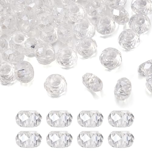 Pandahall 100pcs Glass European Beads Large Hole Beads Round Faceted Rondelle Slide Charms No Metal Core for Bracelet Jewelry Makings Crystal AB 14mm in Diameter