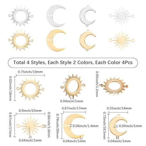 SUNNYCLUE 1 Box 32Pcs 8 Styles Moon Connector Charms Sun and Moon Charms Bulk Gold Silver Stainless Steel Hollow Crescent Connectors Pendants for Jewelry Making DIY Links Craft Supplies Earrings