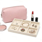Velvet Jewelry Organizer Trays Beige Stackable Jewelry Storage Display Tray with Removable Dividers, 6 Grids - color: Beige