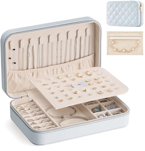 Lolalet Travel Jewelry Case for Women Girls, PU Leather Jewelry Organizer with Clear Storage Bag Small Portable Jewelry Box for Necklace Bracelet Earring Ring Mothers Day Birthday Gifts -Large/Blue - color: Blue, size: Large (8.2"W*4.2"D*2.4"H)