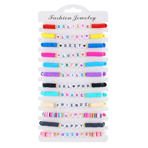 Friendship Bracelets Boho Stackable Bracelets for Women Surfer Heishi Clay Bead Bracelets Stretch Preppy Bracelets Colorful Boho Bracelets for Women - color: 12PCS Red Believe