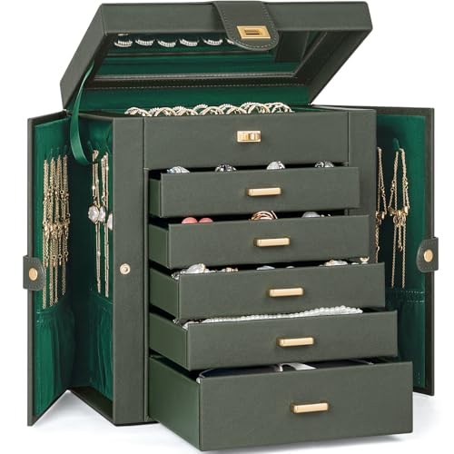 AKOZLIN 6-Tier Jewelry Box Organizer Functional 5 Drawers Leather Jewelry Storage Case for Women Girls Ring Necklace Earring Bracelet Holder Organizer with Mirror Dark Green - color: Drak Green, size: Medium