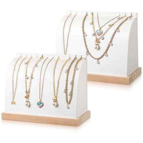2 Pcs Cambered Wooden Necklace Display Stand with Soft PU Leather Mat, Necklace Bracelet Pendant Chokers Chains Organizer Holder, White Tabletop Jewelry Display Storage Holder for Selling Exhibition