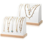 2 Pcs Cambered Wooden Necklace Display Stand with Soft PU Leather Mat, Necklace Bracelet Pendant Chokers Chains Organizer Holder, White Tabletop Jewelry Display Storage Holder for Selling Exhibition