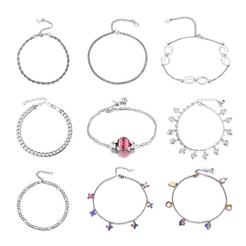 U7 Women Girls Barefoot Jewelry 18K Gold or Rose Gold Stainless Steel Heart/Rope/Figaro/Cuban Chain Anklet Foot Bracelet, 25-30 CM Long - color: Stainless Steel-3mm-Wheat Chain