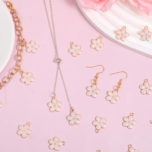 Thinp 30 Pcs Cherry Blossoms Decor, Flower Charms for Jewelry Making Small Flower Enamel Charms Gold Plated Flowers Pendants for DIY Crafts Purse Keychains Bracelet Necklace Earrings Making Findings