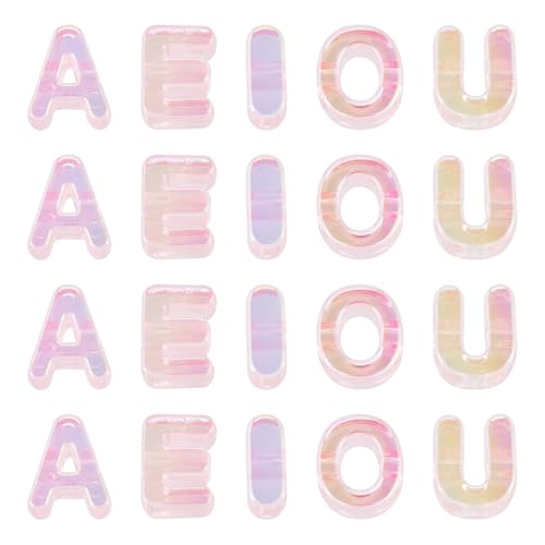 FASHEWELRY 50Pcs UV Plating Rainbow Iridescent Acrylic Letter Beads with Large Hole Large Letter Blocks Charms 3D Letters Chunky Vowel Alphabet Beads for Key Chains Necklace DIY Arts Craft (Pink) - color: Pink, size: Vowels